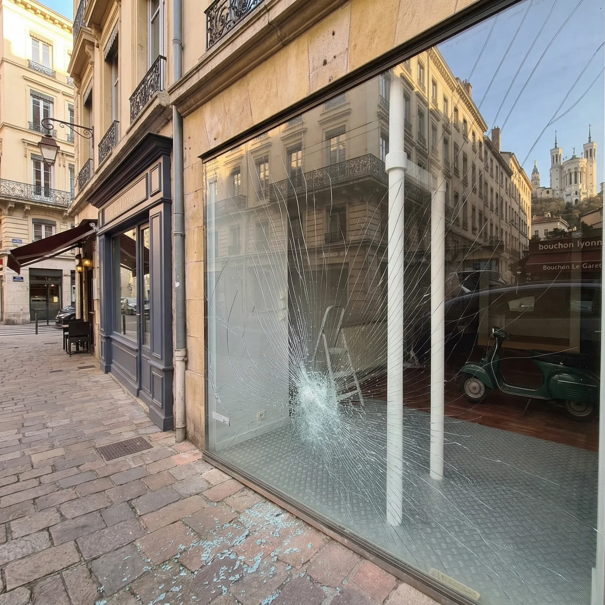 Vitrine commerce Lyon - verre anti-effraction feuillete P6B protection blindage